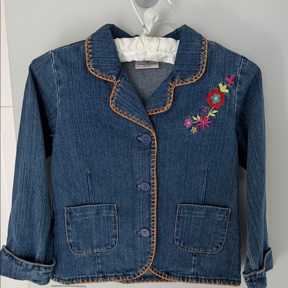 Hanna Andersson Kids Denim Jacket Blue Embroidered Flowers‎ Size 120 US 6-7